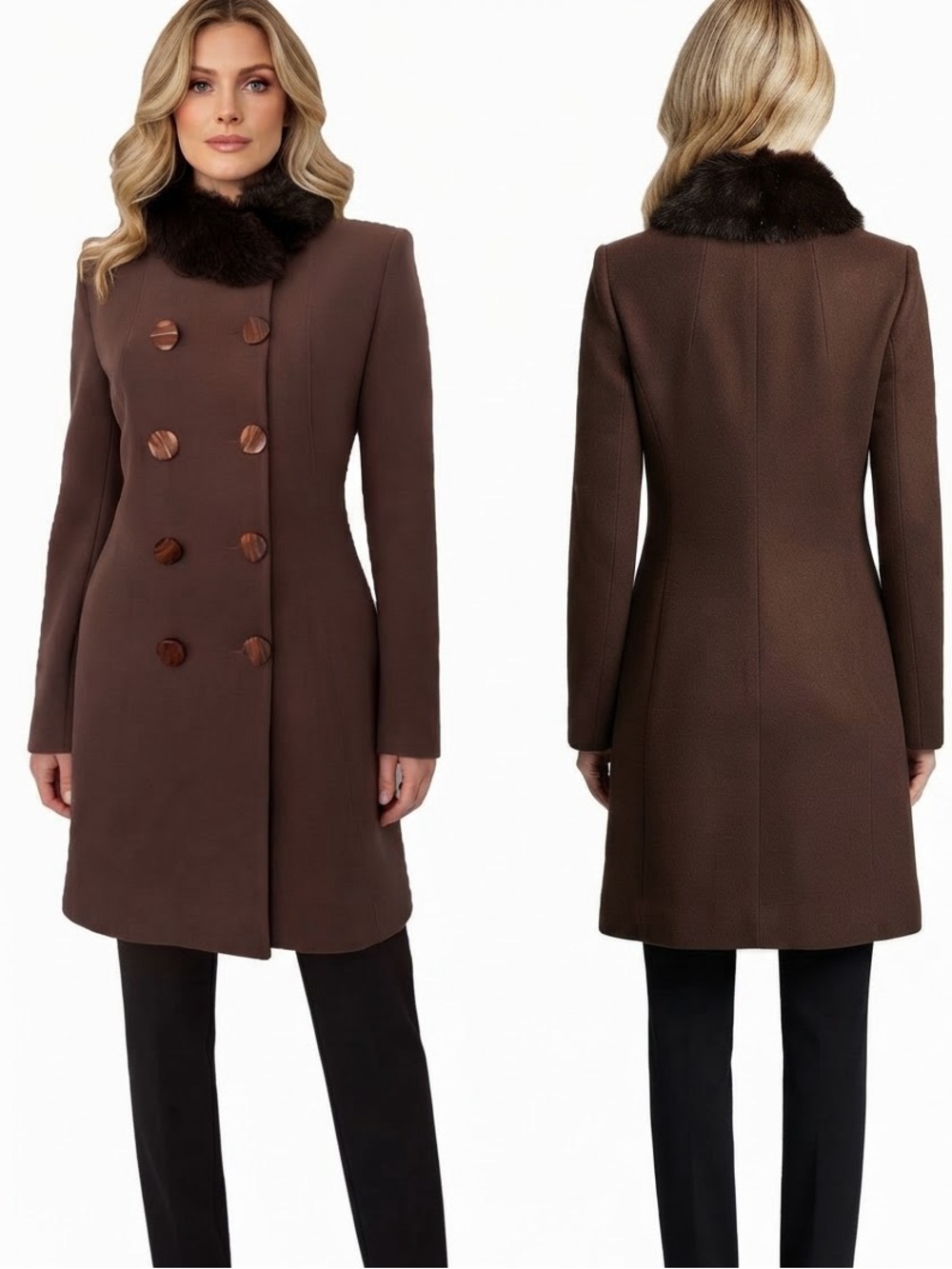 SALE🔥PAUCINNI WOMEN WINTER COAT‎ DOUBLE-BREASTED REAL RACCOON FUR COLLAR JACKET